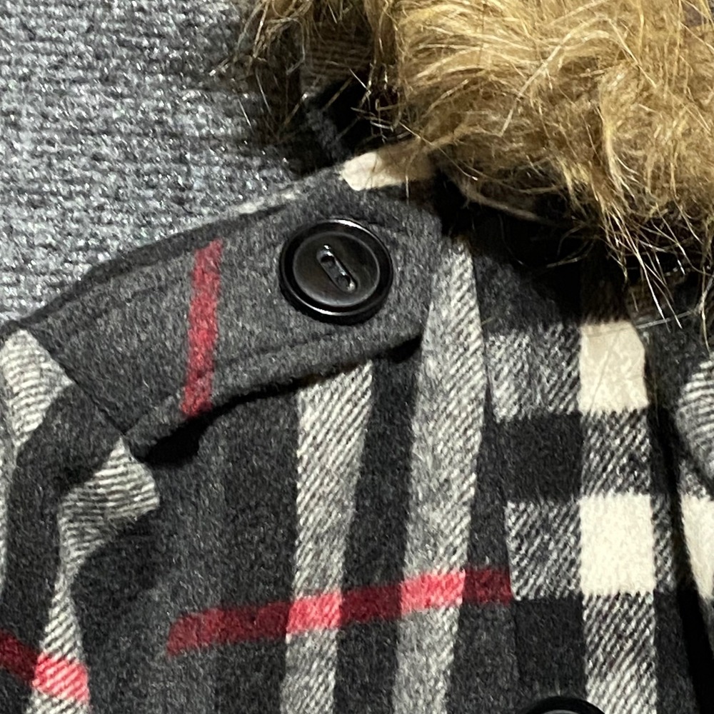 Urban Republic Women's XL Plaid Double Breasted‎ Pea Coat Faux Fur Hood Pockets - Picture 5 of 14